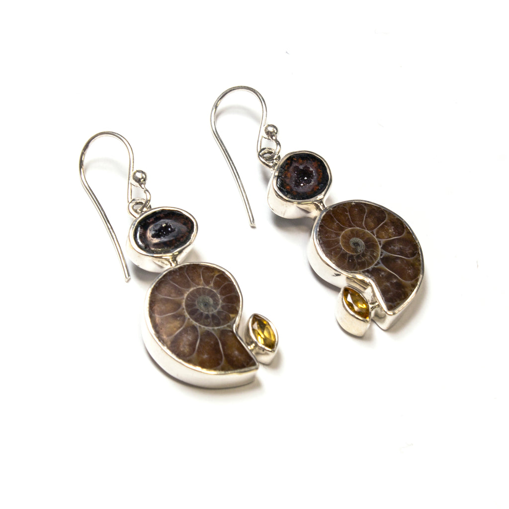 SS Geode, Ammonite & Citrine Earrings