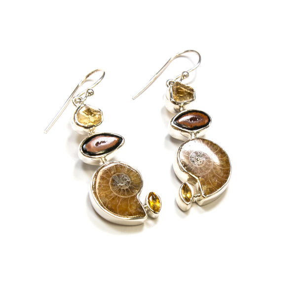 SS Ammonite, Citrine & Geode Earrings