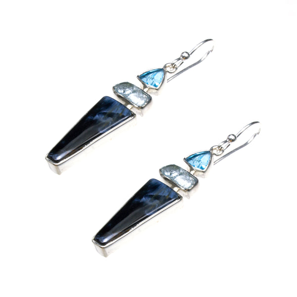 Sterling Silver Pietersite Aquamarine Blue Topaz Dangle Earrings