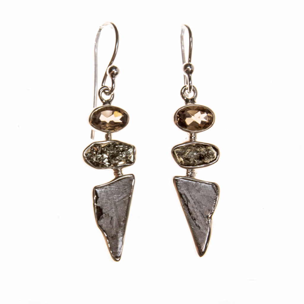 Sterling Silver Meteorite and Smokey Quartz Earrings