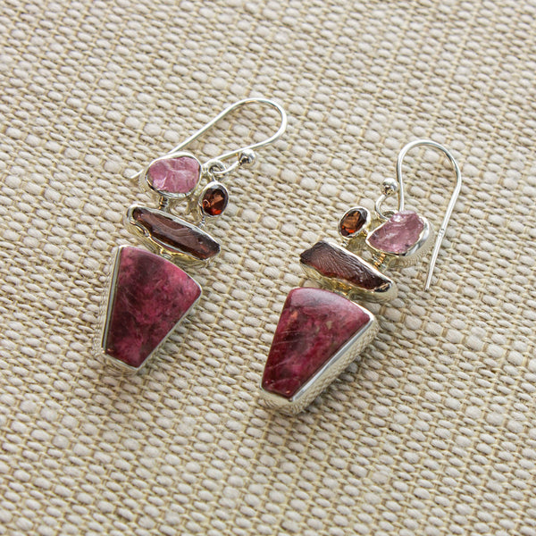 SS Thulite, Garnet & Pink Tourmaline Dangle Earrings