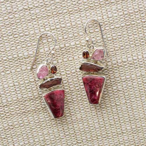 SS Thulite, Garnet & Pink Tourmaline Dangle Earrings