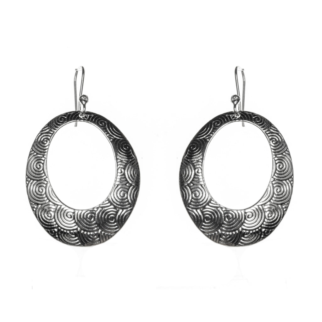 Sterling Silver Spiral Etched Oval Hoop Dangle Earrings