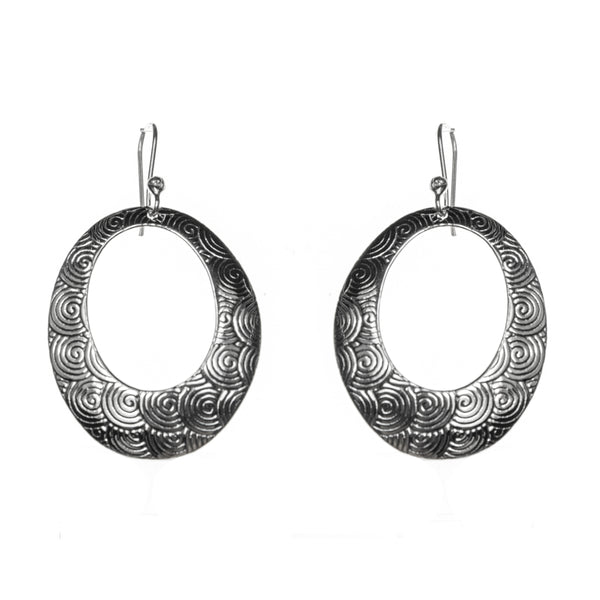 Sterling Silver Spiral Etched Oval Hoop Dangle Earrings