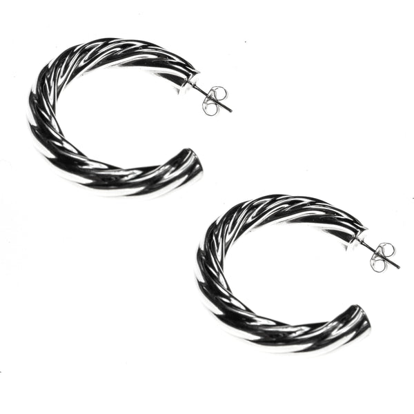 Sterling Silver Puff Twist Hoop Earrings