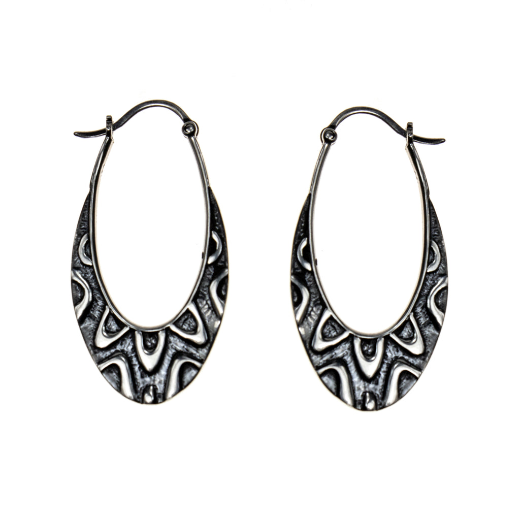 Sterling Silver Oxidized Ovals Etched Hoop Earrings