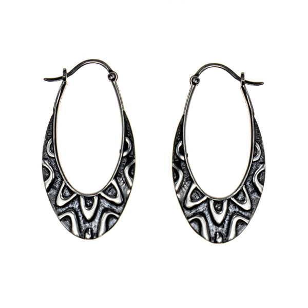 Sterling Silver Oxidized Ovals Etched Hoop Earrings