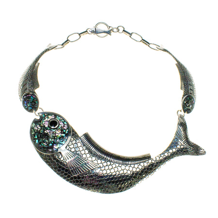 SS Pyritized Ammonite, Rutilated Stone & Abalone Shell Pin/Pendant