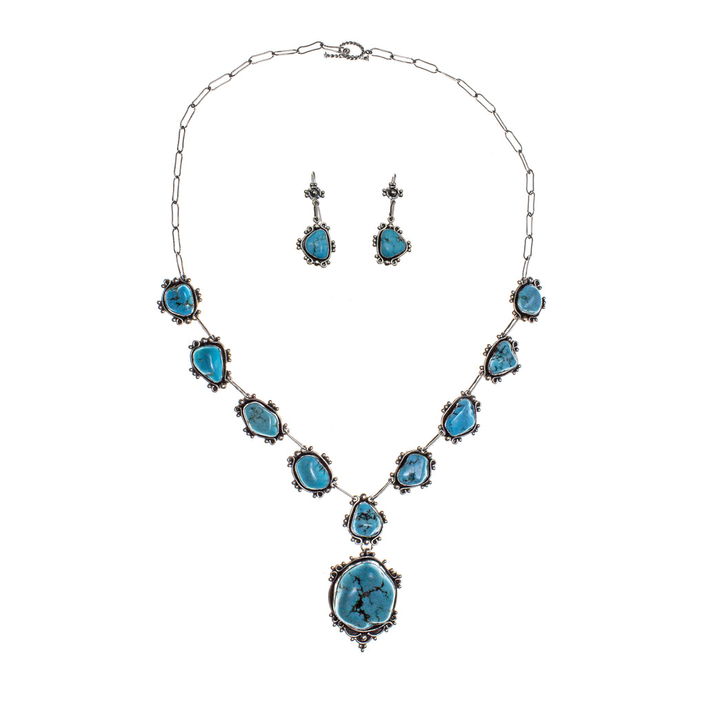 Sterling Silver 10 Turquoise Nugget Bead Necklace and Earrings Set