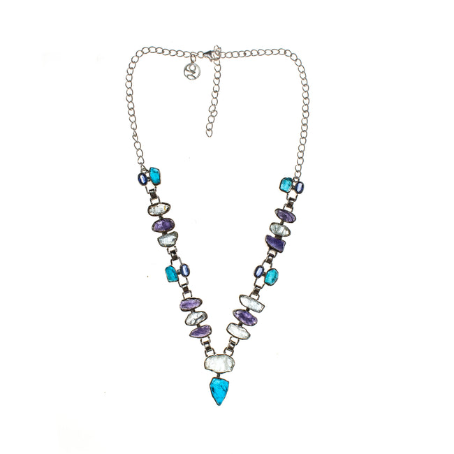 Sterling Silver Aquamarine Apatite and Tanzanite Bezel Necklace