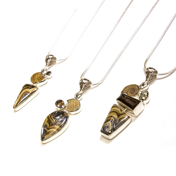 SS Ammonite, Stromatolite, Smokey Quartz, & Pyrite Necklaces
