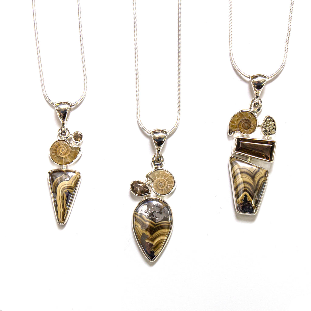 SS Ammonite, Stromatolite, Smokey Quartz, & Pyrite Necklaces