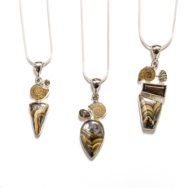 SS Ammonite, Stromatolite, Smokey Quartz, & Pyrite Necklaces