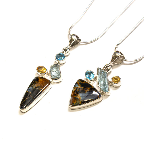 SS Pietersite, Blue Topaz, Aquamarine, & Citrine Necklaces