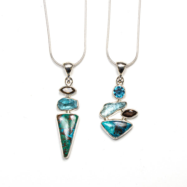SS Chrysocolla, London Blue Topaz, Apatite, & Smokey Quartz Necklaces