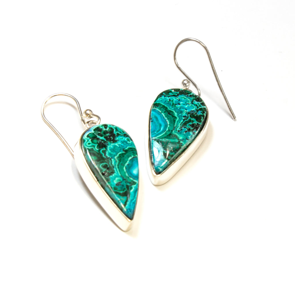 SS Chrysocolla Pear Bezel Dangle Earrings