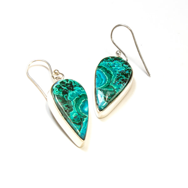 SS Chrysocolla Pear Bezel Dangle Earrings