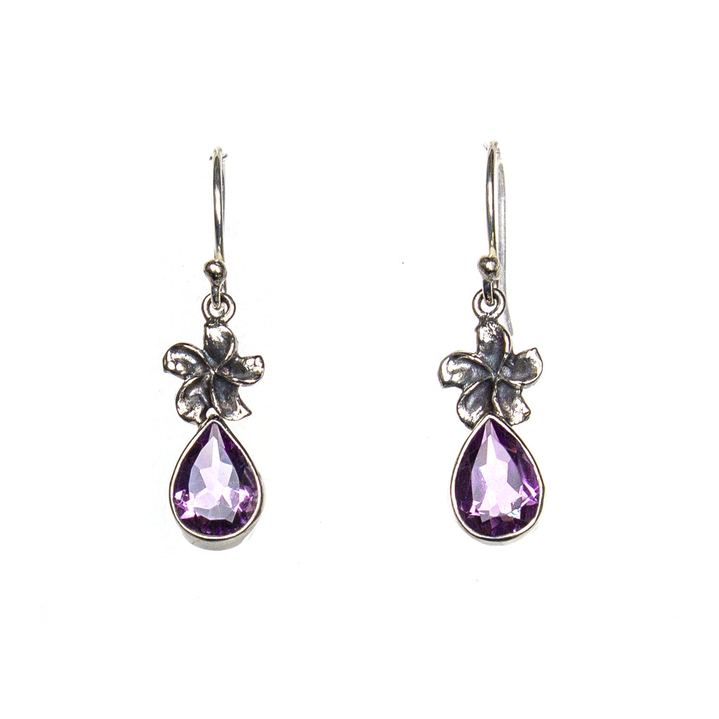 SS Flower & Amethyst Pear Earrings