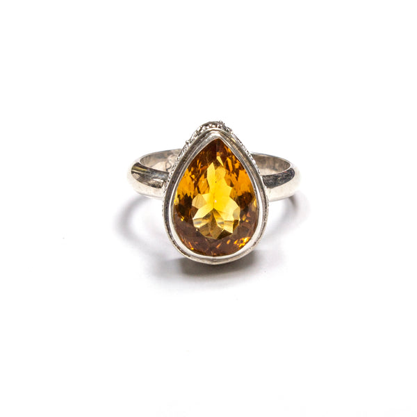 SS Citrine Pear w/ Filigree Sides Ring Size 7.25