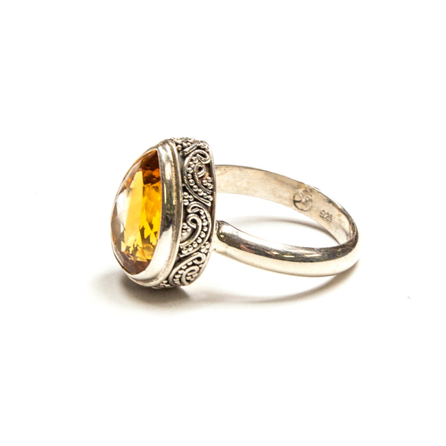SS Citrine Pear w/ Filigree Sides Ring Size 7.25