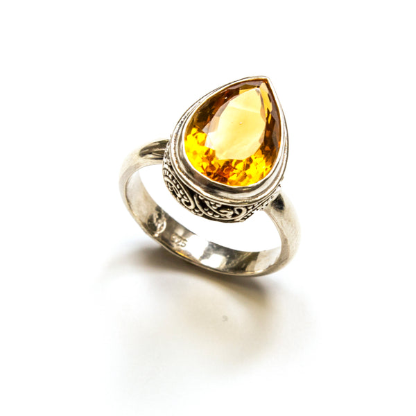 SS Citrine Pear w/ Filigree Sides Ring Size 7.25