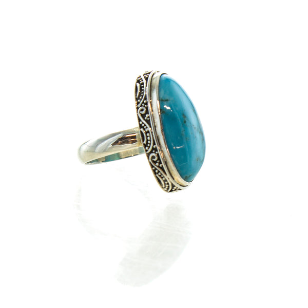SS Vibrant Turquoise Scroll Bezel Rings (Size 6.5 & 8)