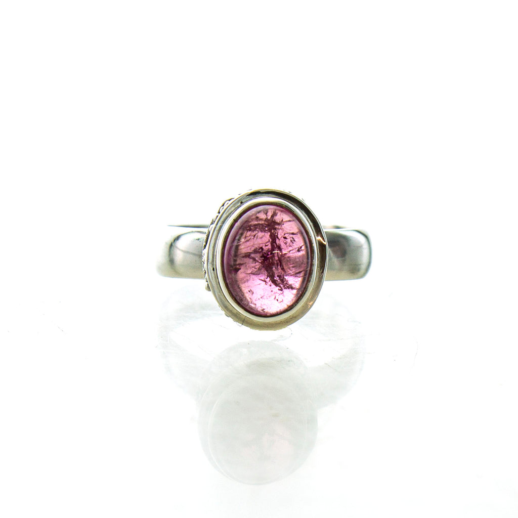 SS Tourmaline Cabochon Scroll Bezel Ring (Size 6.75)