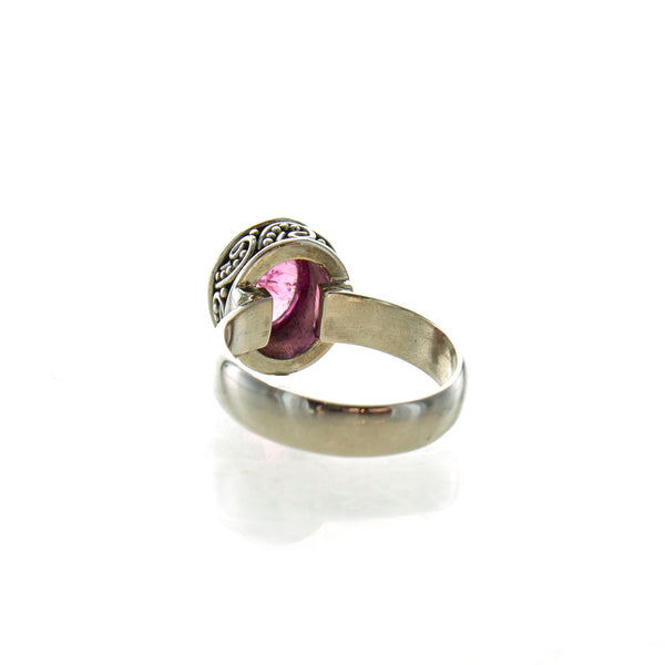 SS Tourmaline Cabochon Scroll Bezel Ring (Size 6.75)