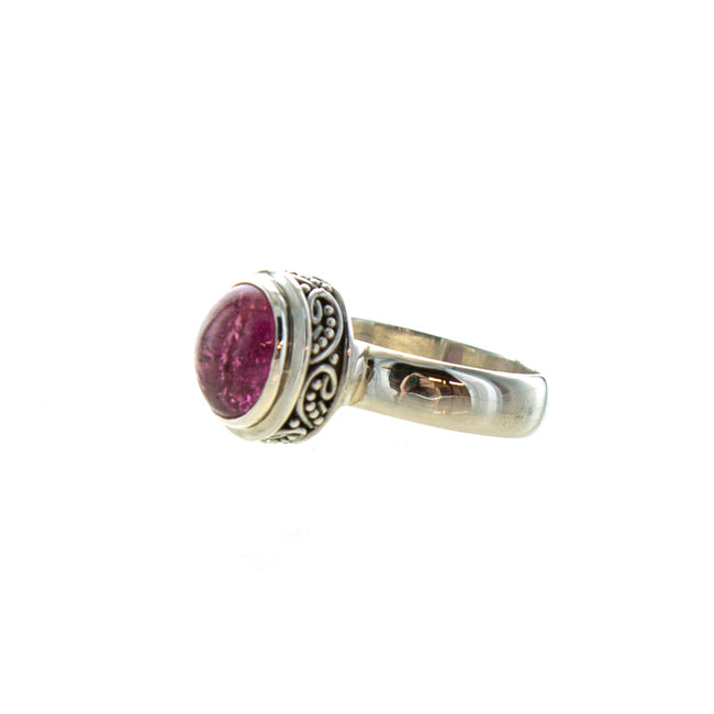 SS Tourmaline Cabochon Scroll Bezel Ring (Size 6.75)