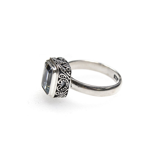 SS Rectangle Blue Topaz Swirling Scrollwork Ring (Size 7)