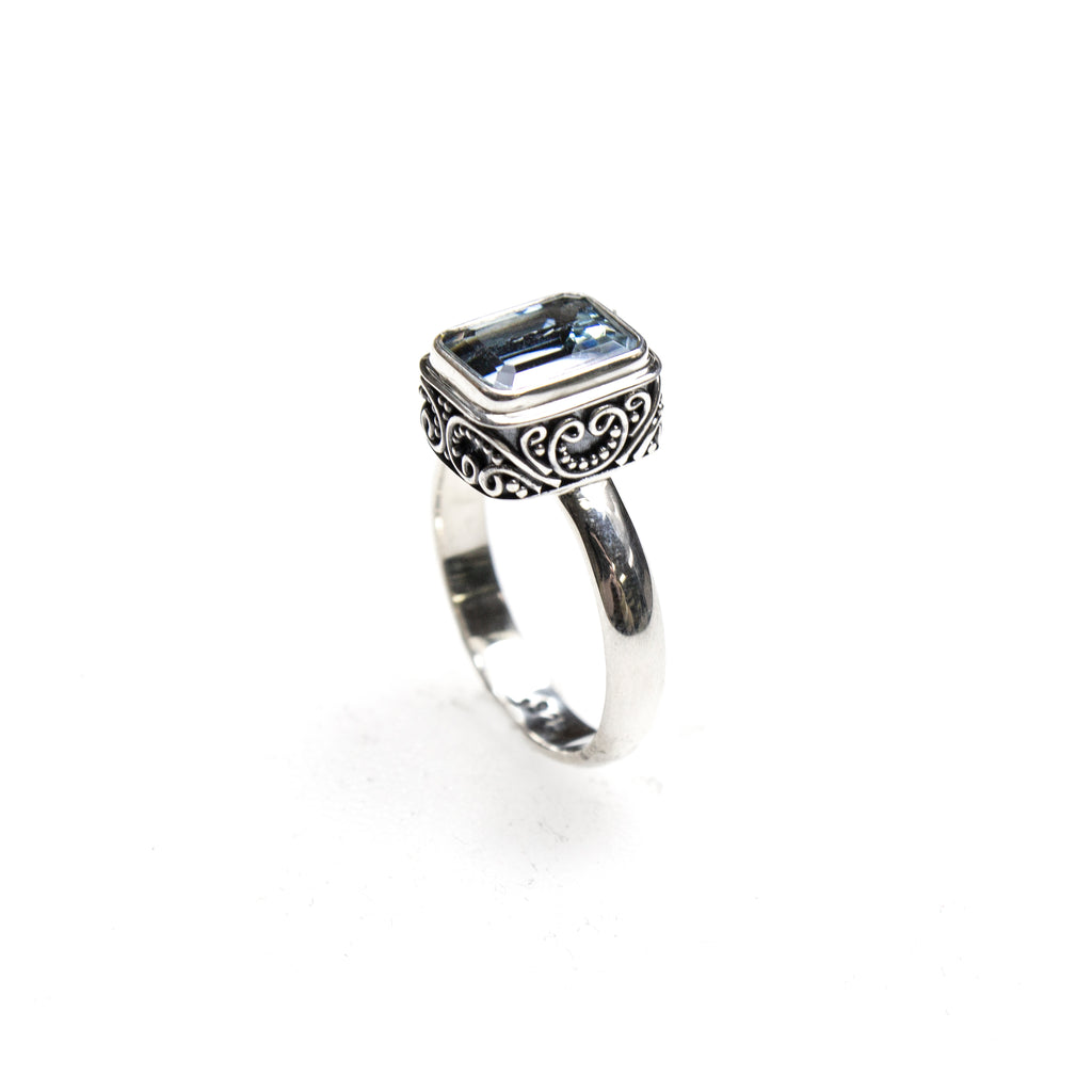 SS Rectangle Blue Topaz Swirling Scrollwork Ring (Size 7)