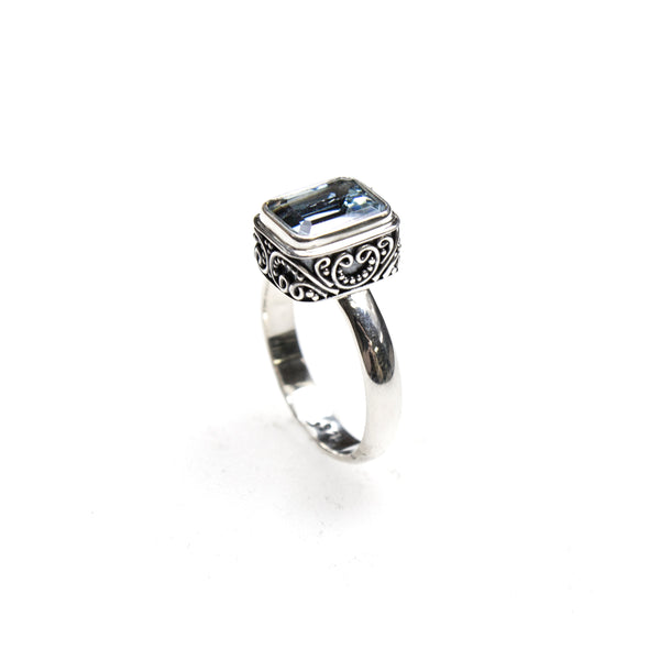 SS Rectangle Blue Topaz Swirling Scrollwork Ring (Size 7)