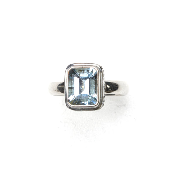 SS Rectangle Blue Topaz Swirling Scrollwork Ring (Size 7)