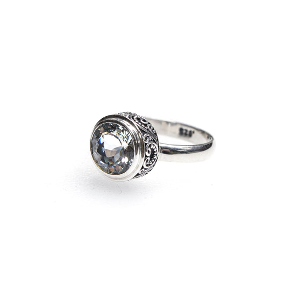 SS Round Blue Topaz Swirling Scrollwork Ring (Size 8)