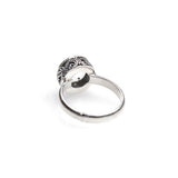 SS Round Blue Topaz Swirling Scrollwork Ring (Size 8)