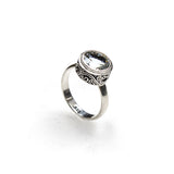 SS Round Blue Topaz Swirling Scrollwork Ring (Size 8)