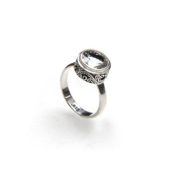 SS Round Blue Topaz Swirling Scrollwork Ring (Size 8)