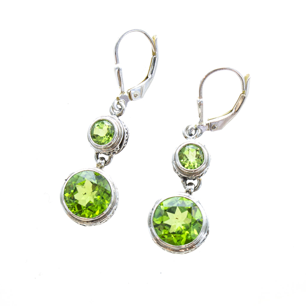 SS 2 Round Peridot Dangling Scroll Bezel Earrings