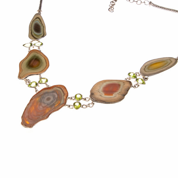 SS Peridot and Petrified Wood Bezel Necklace