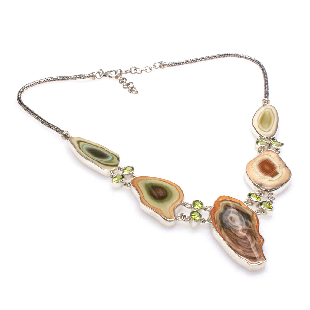 SS Peridot and Petrified Wood Bezel Necklace