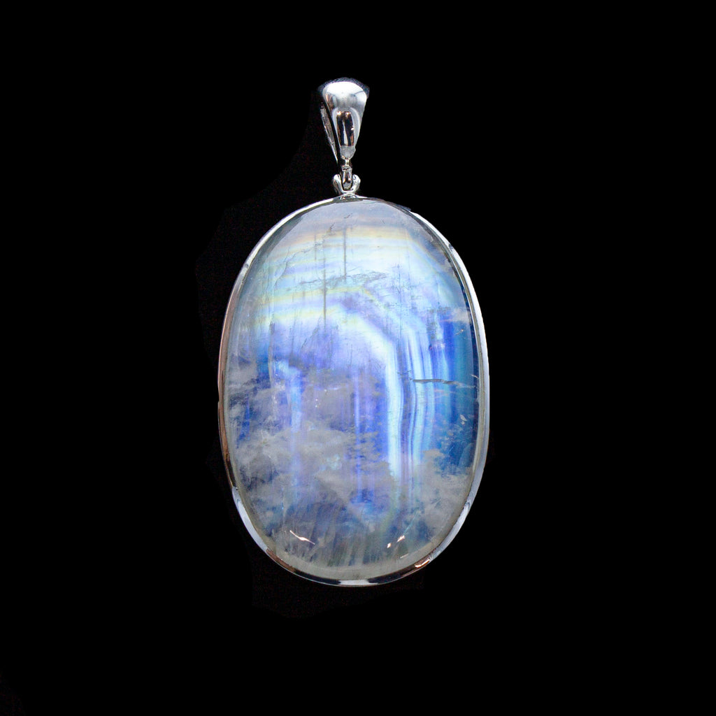 SS Gorgeous Bezeled Oval Rainbow Moonstone Cabochon Pendant