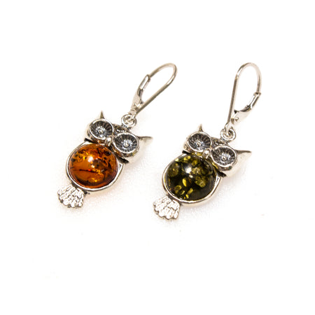SS Amber Crystal-eyed Owl on Branch Earrings