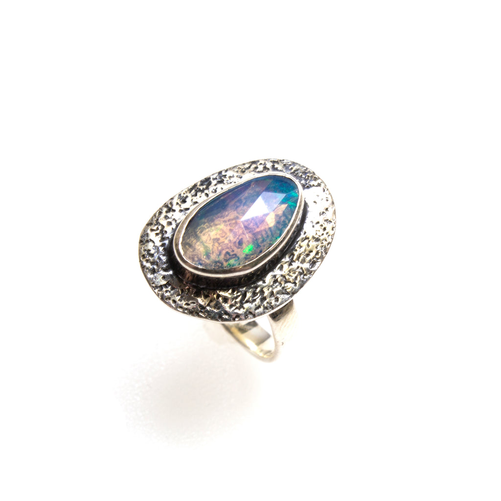 SS Faceted Opal Hammered Ring Size 7