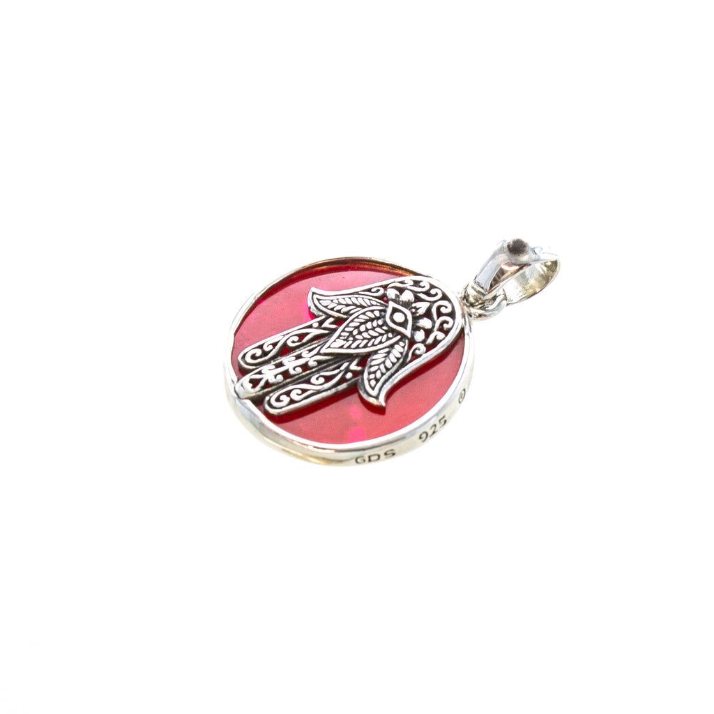 SS Coral Hamsa Circle Pendant