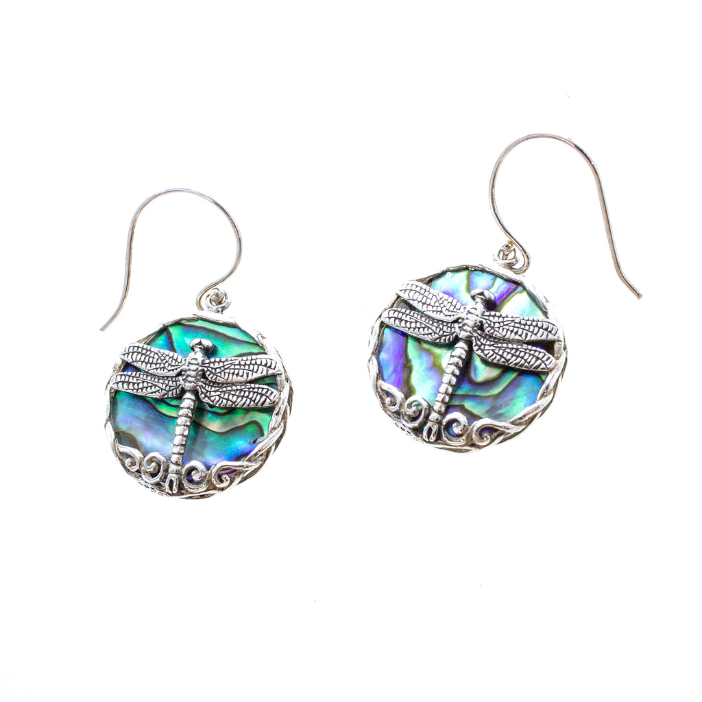 SS Abalone Dragonfly Circle Earrings