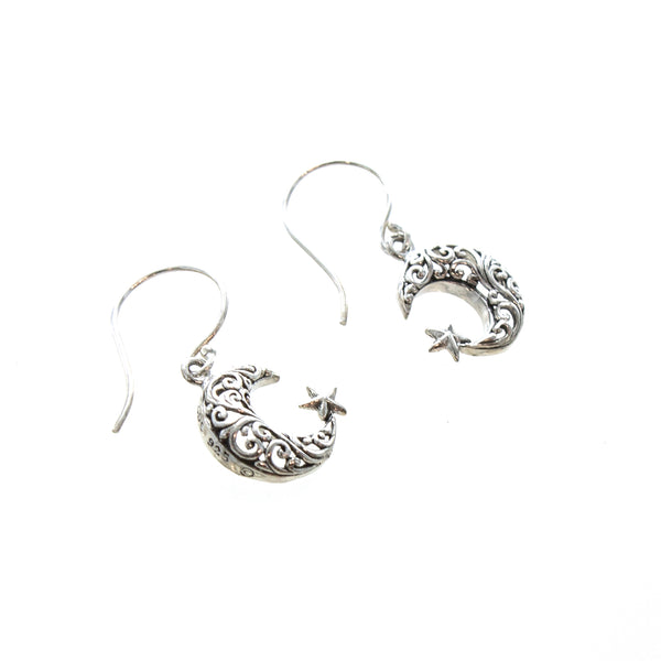 SS Crescent Moon & Star Filigree Earrings