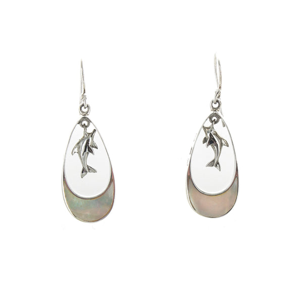 SS Abalone/Mother of Pearl Dolphin Leaping Pear Dangle Earrings