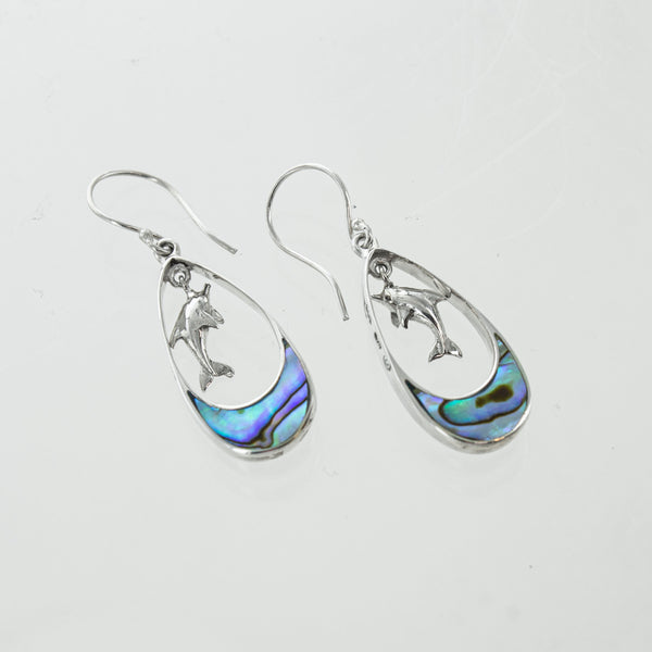 SS Abalone/Mother of Pearl Dolphin Leaping Pear Dangle Earrings