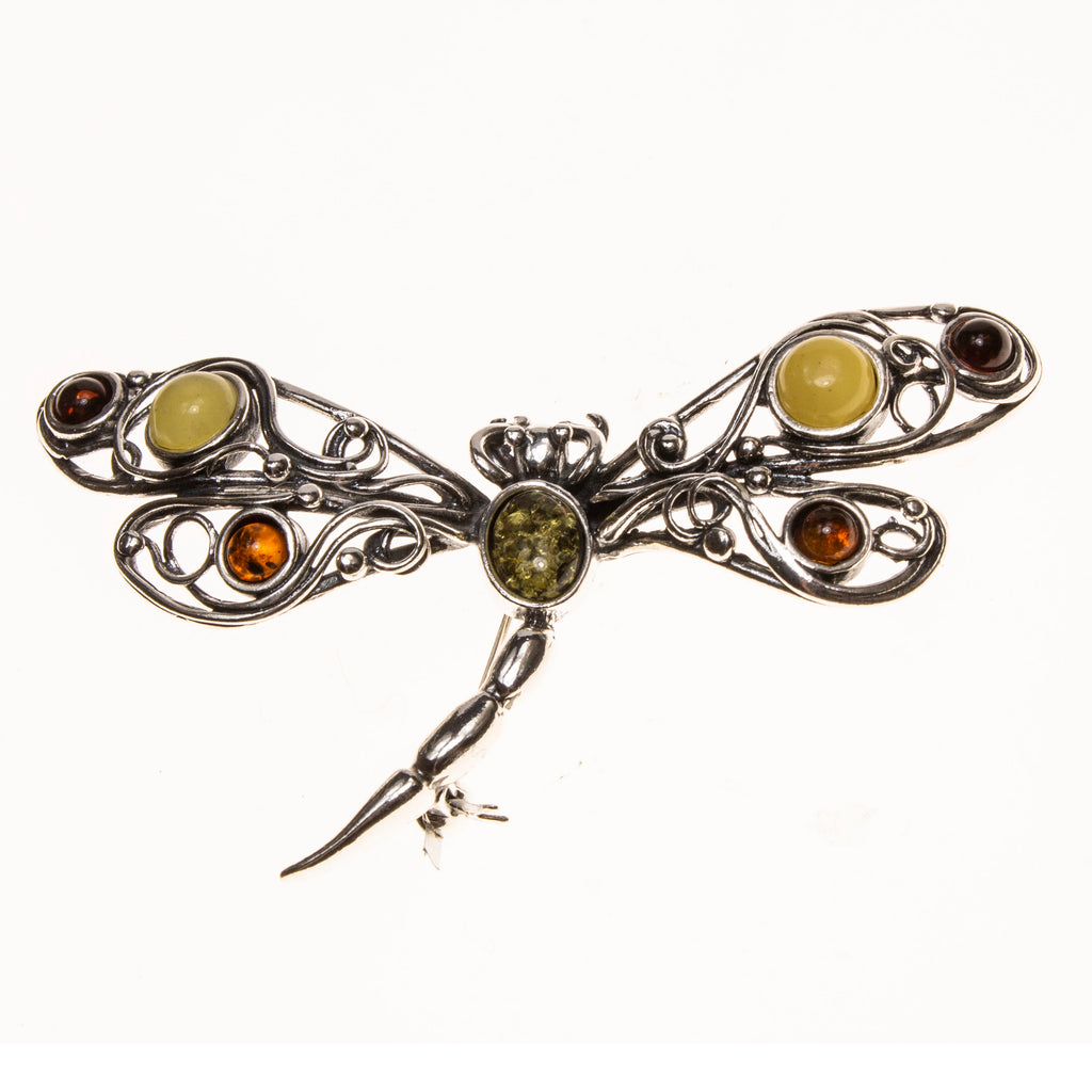 SS Multicolored Amber Filigree Dragonfly Pin