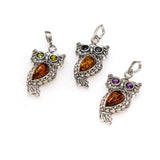 SS Filigree Amber Owl Pendants W/ Stone Eyes